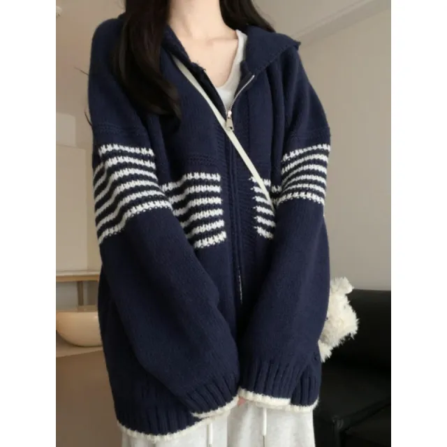 Style Chic Hooded Knit Cardigan Sweater Coat Navy Blue Edition - Shop at LoveMi