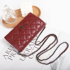 Sheepskin Large Capacity Phone Bag Embroidered Diamond Plaid - Burgundy - View 1