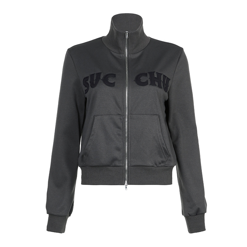 Letter Affixed Cloth Embroidered Zipper Knitted Cardigan Red - Shop at LoveMi