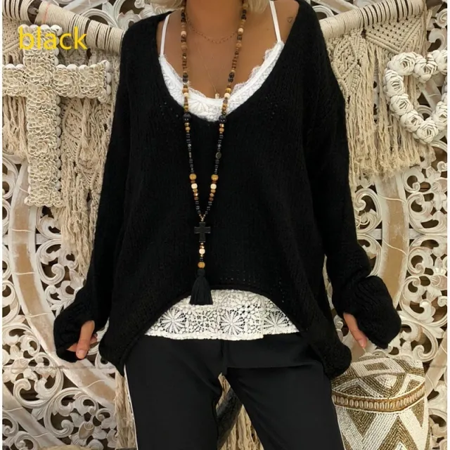 V neck Loose Knitted Warm Commuter Sweater Black - Shop at LoveMi