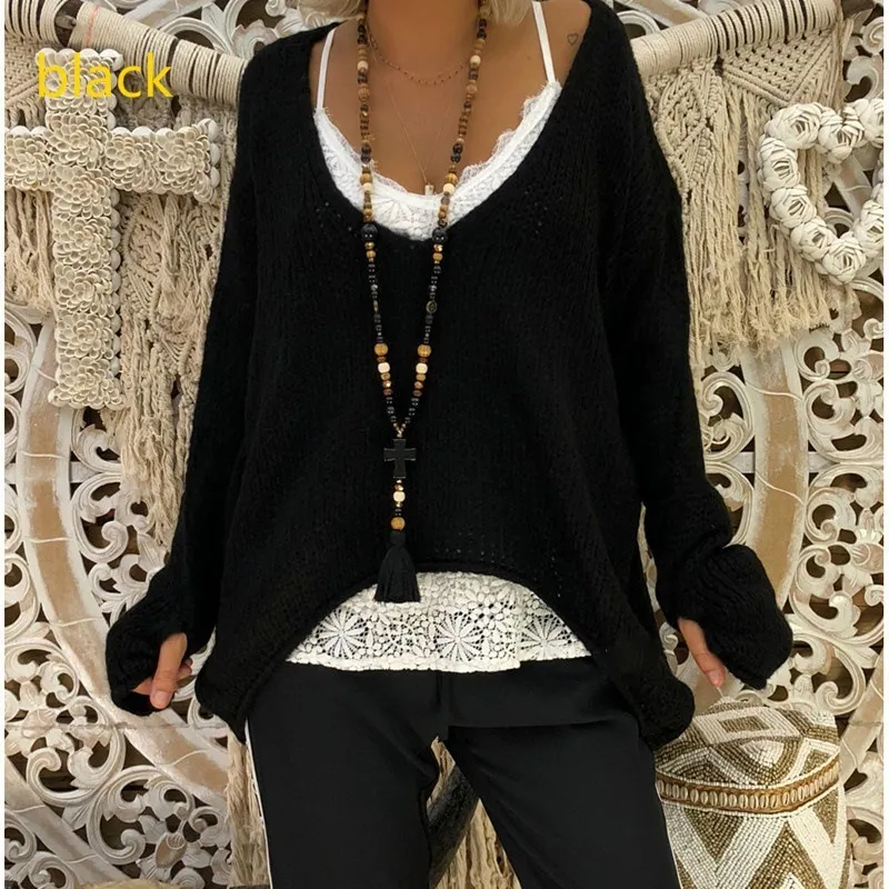 V-neck Loose Knitted Warm Commuter Sweater - Black