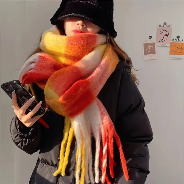 Women's Plaid Tassel Scarf Rainbow Color blocking Shawl Orange - Shop at LoveMi