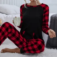 European And American Christmas Festival Women's Fashion Plaid Homewear Casual Loose Outfit - Red - View 1