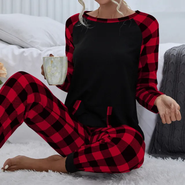 European And American Christmas Festival Women's Fashion Plaid Homewear Casual Loose Outfit Red - Shop at LoveMi