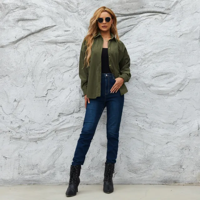 Corduroy Women's American Loose Jacket Coat Solid Color Shirt Olive Green - Shop at LoveMi