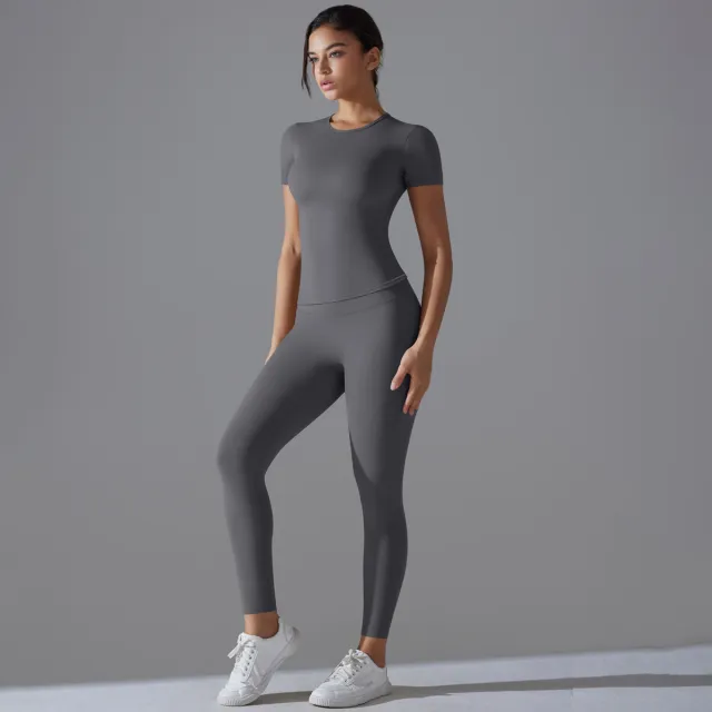 Women's Solid Color Quick drying Yoga Clothes Short sleeved Trousers Sports Suit Dark Gray - Shop at LoveMi