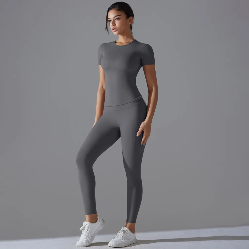 Women's Solid Color Quick-drying Yoga Clothes Short-sleeved Trousers Sports Suit - Dark Gray