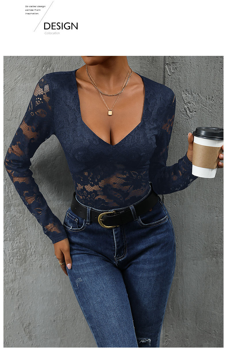 Women’s Lace Long Sleeve Bodysuit – Deep V Neck Solid Top
