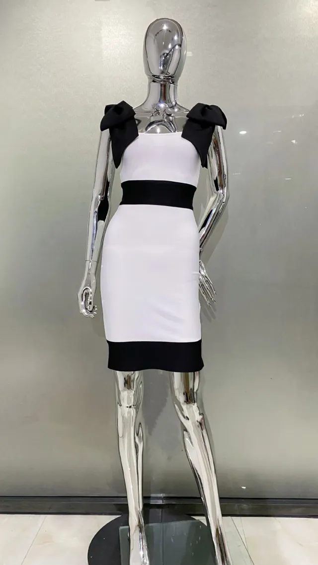 Black And White Color Matching Sleeveless Bow Shoulder Dress Black And White - Shop at LoveMi
