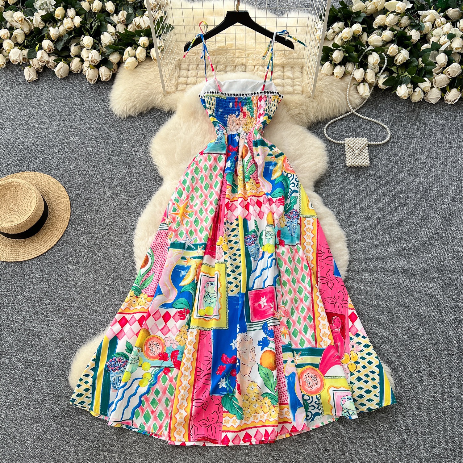 Light Luxury Graffiti Printing Slip Dress Women