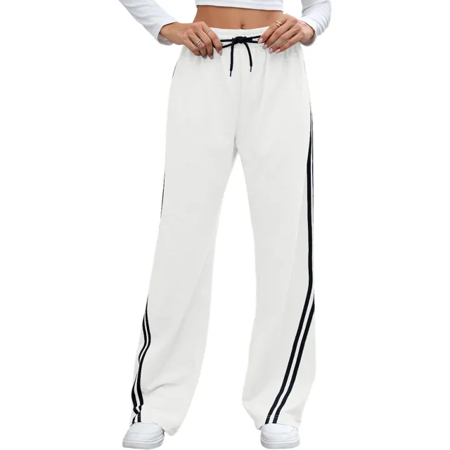 European And American Loose Straight Wide leg Pants Stripes Lace Up Casual Sweatpants White - Shop at LoveMi