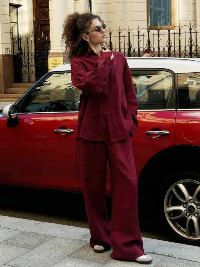 Women's Solid Color Loose Shirt Trousers Suit Red - Shop at LoveMi