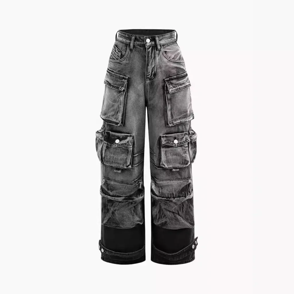 American Street Trendy Mixed Colour Distressed Multi-pocket Workwear Jeans - Black