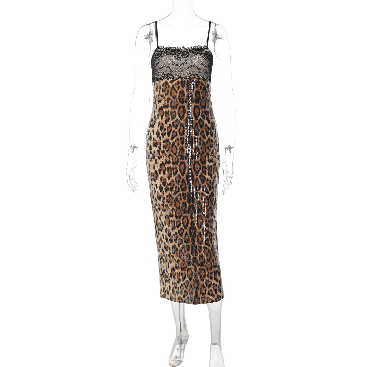 Fashion Lace Patchwork Slit Bandeau Sling Leopard Print Dress Leopard - Shop at LoveMi