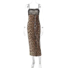 Fashion Lace Patchwork Slit Bandeau Sling Leopard Print Dress - Leopard - View 1