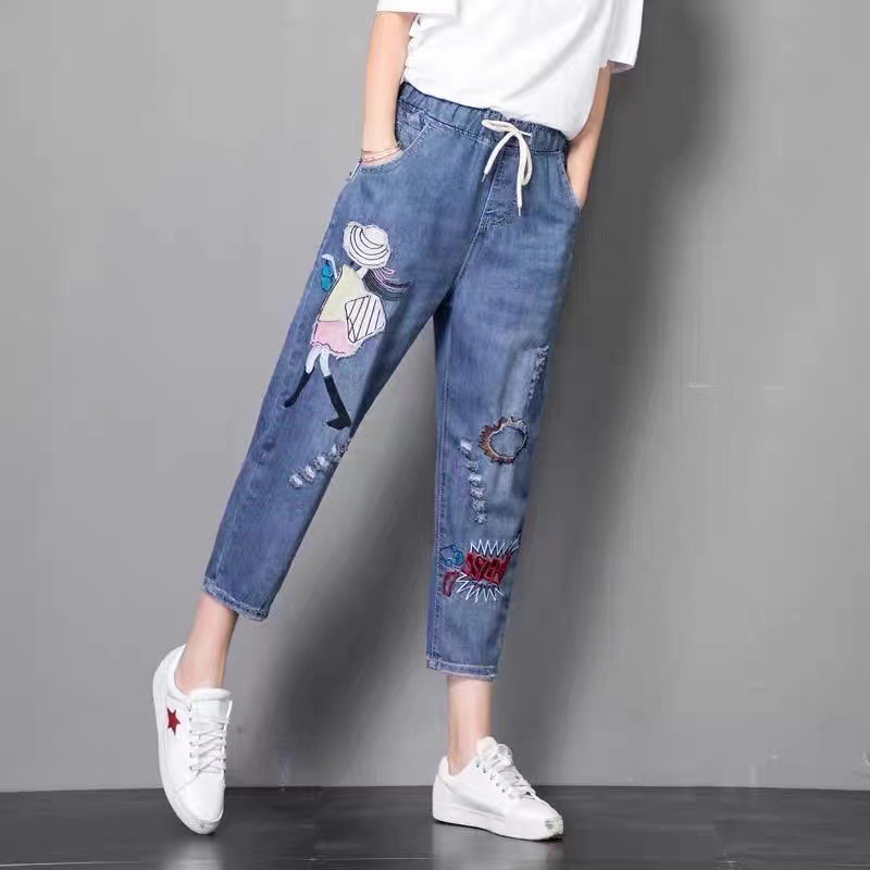 Women's Denim Cropped Harem Pants Loose 9908 Girl Embroidery Ninth 33 - Shop at LoveMi