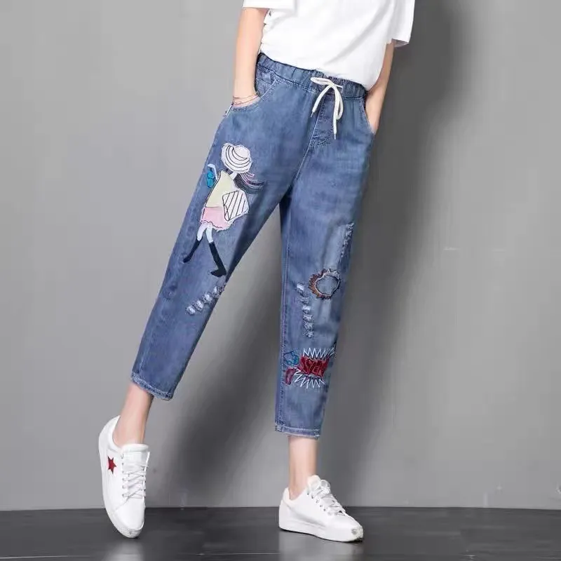 Women's Denim Cropped Harem Pants Loose - 9908 Girl Embroidery Ninth-33