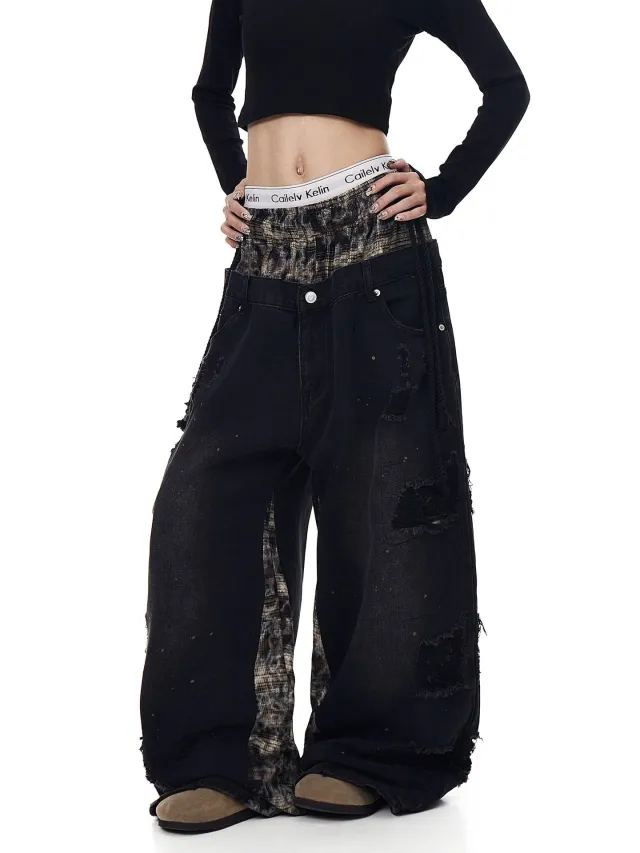 Womens Retro Ripped Wide Leg Denim Jeans Black - Shop at LoveMi
