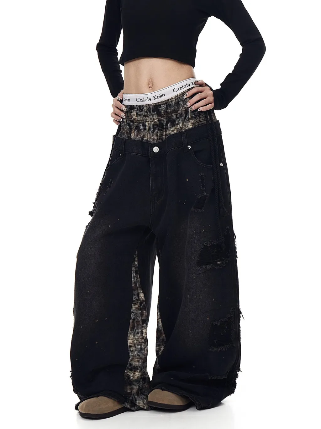 Womens Retro Ripped Wide-Leg Denim Jeans - Black