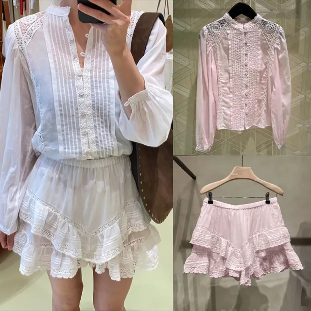 Romantic Stitching Lace Shirt Ruffled Double Layer Ruffled Skort Suit White Suit - Shop at LoveMi