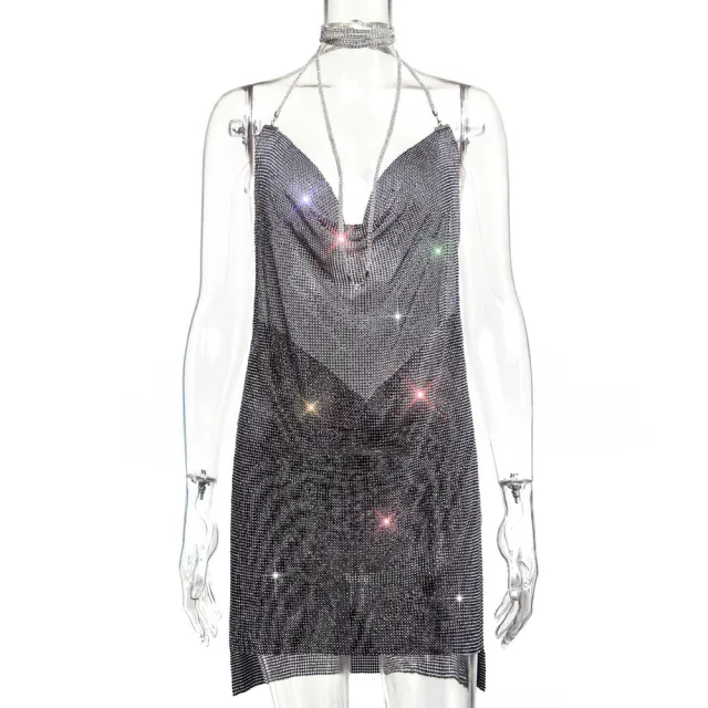 Backless Metal Sequins V neck Brace Halter Dress Black - Shop at LoveMi