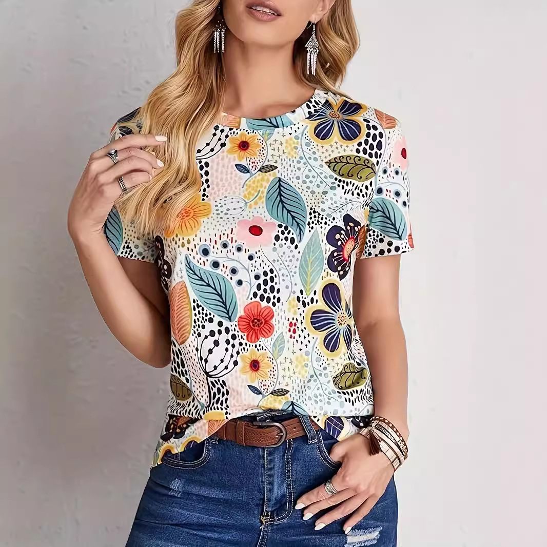 Womens Floral Digital-Print Crew-Neck Short-Sleeve TopT-Shirt