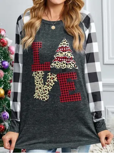 Christmas Printed Checkered V-neck Long-sleeved T-shirt Stitching - Gray