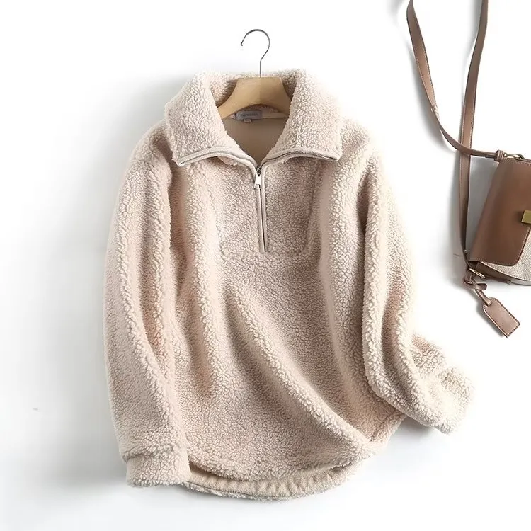 Women's Simple Casual Sweatshirt Zipper Collar Lamb Wool Loose Pullover Coat - Picture Color-M