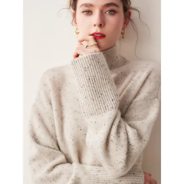 Women's Turtleneck Sweater Loose fitting Comfortable Sweater Gray Dot Yarn - Shop at LoveMi