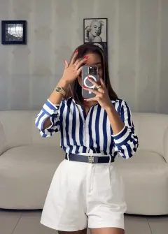 Fashionable And Versatile Blue Striped Shirt - Dark Blue - View 1