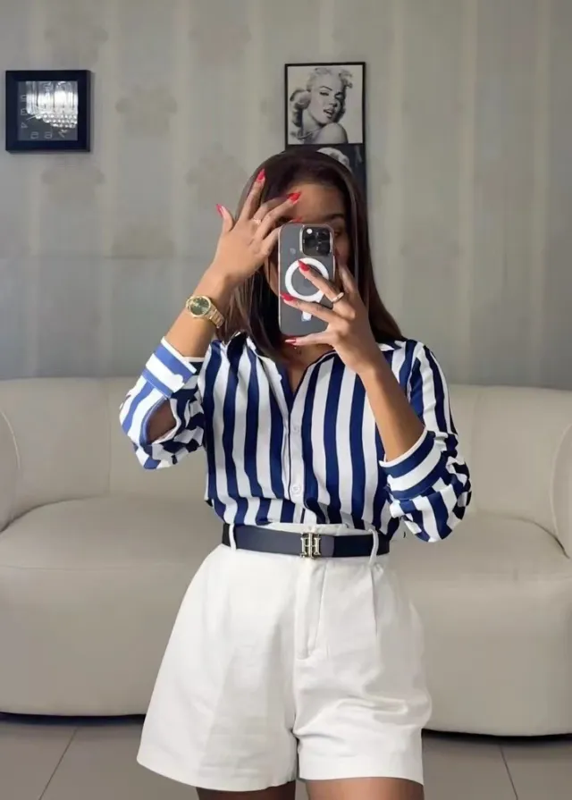 Fashionable And Versatile Blue Striped Shirt Dark Blue - Shop at LoveMi