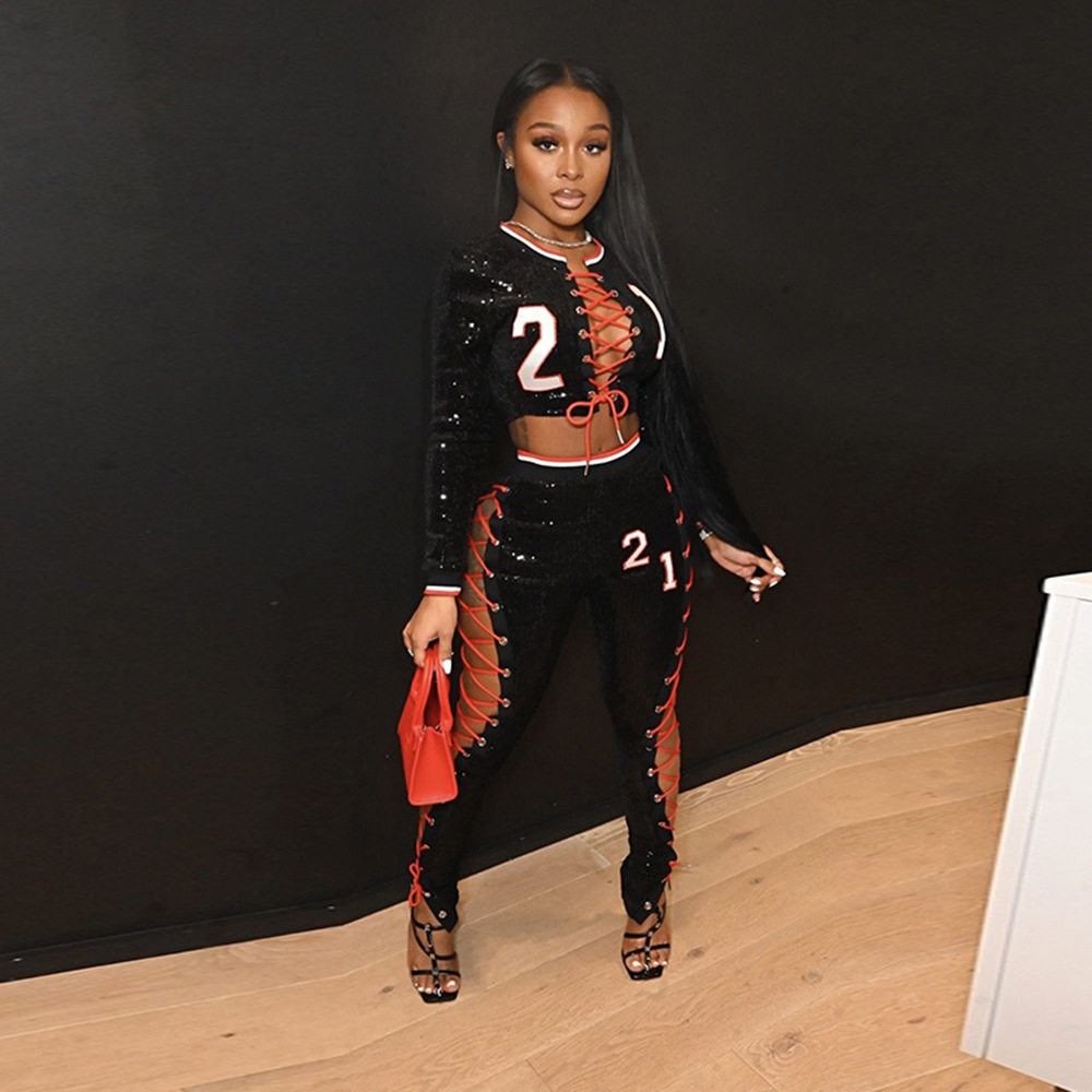 Women's Lace-up Cutout Embroidered Sequined Suit — image 1