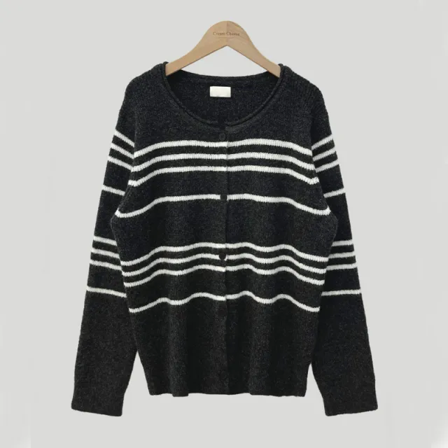 Retro Contrast Color Striped Sweater Coat Knitted Cardigan Black - Shop at LoveMi