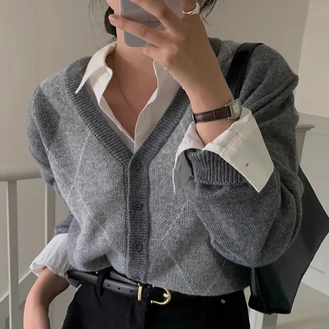Women's Fashion Sweater Rhombus Knitted Top Gray - Shop at LoveMi