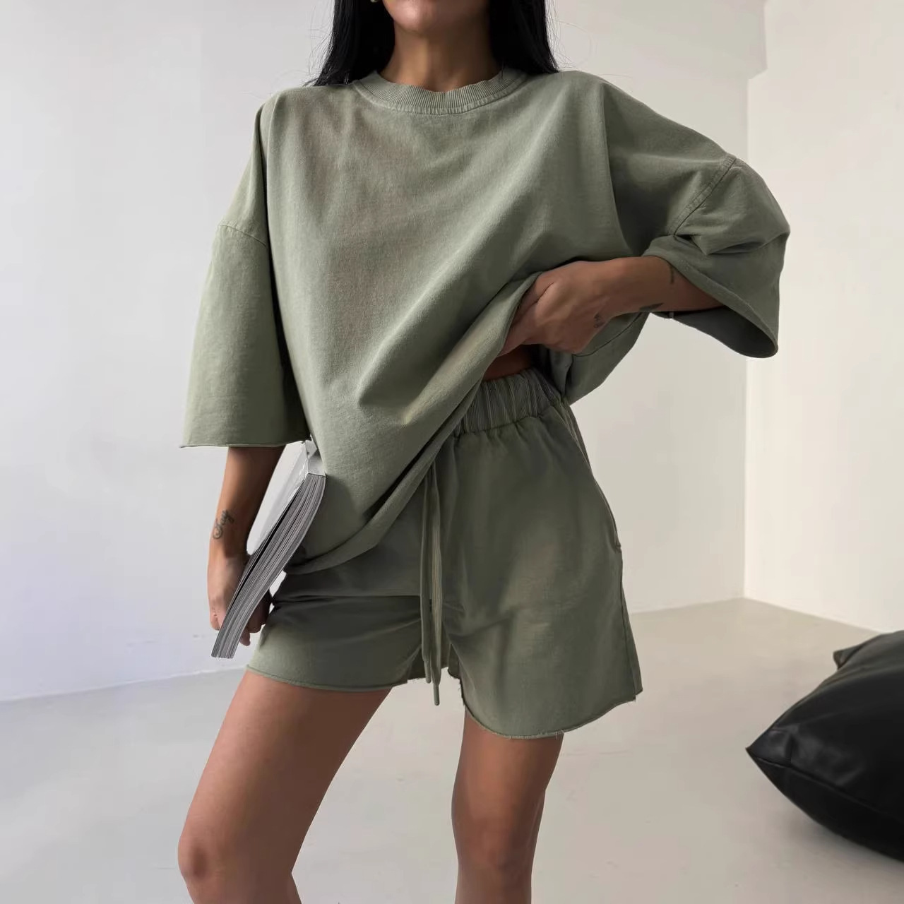 Solid-color Relaxed-fit Sporty Chic Casual Sweatshirt Settwo-piece Set