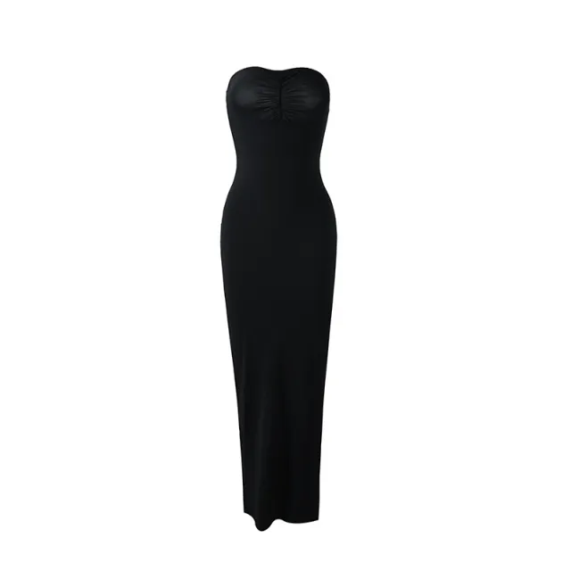 Spicy Girl Style Tube Top Bodycon Side Slit Long Solid Color Dress Black - Shop at LoveMi