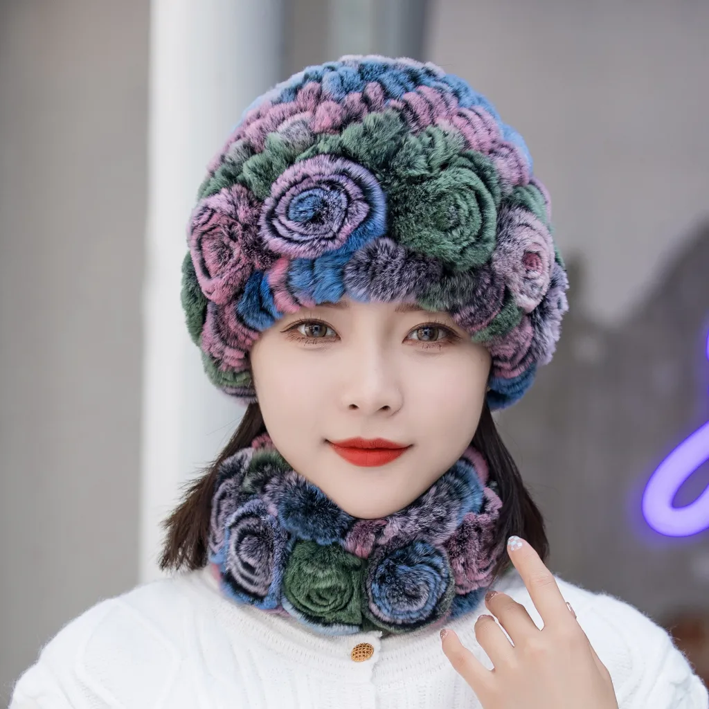 Winter Warm Rex Rabbit Fur Hat Scarf Suit - Colorful Green