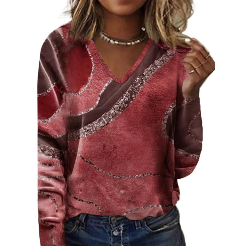 European And American New Fall Winter Fashion V neck Printed Long sleeved Top Women Red - Shop at LoveMi
