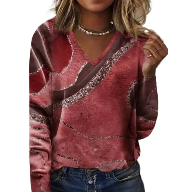 European And American New Fall Winter Fashion V neck Printed Long sleeved Top Women Red - Shop at LoveMi