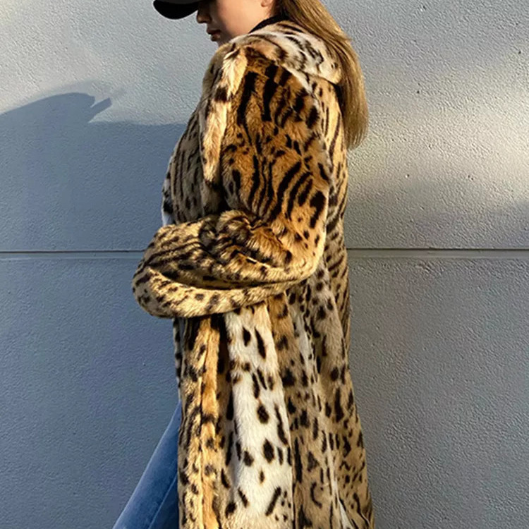 Women's Fashion Leopard Print Suit Collar Furry Coat