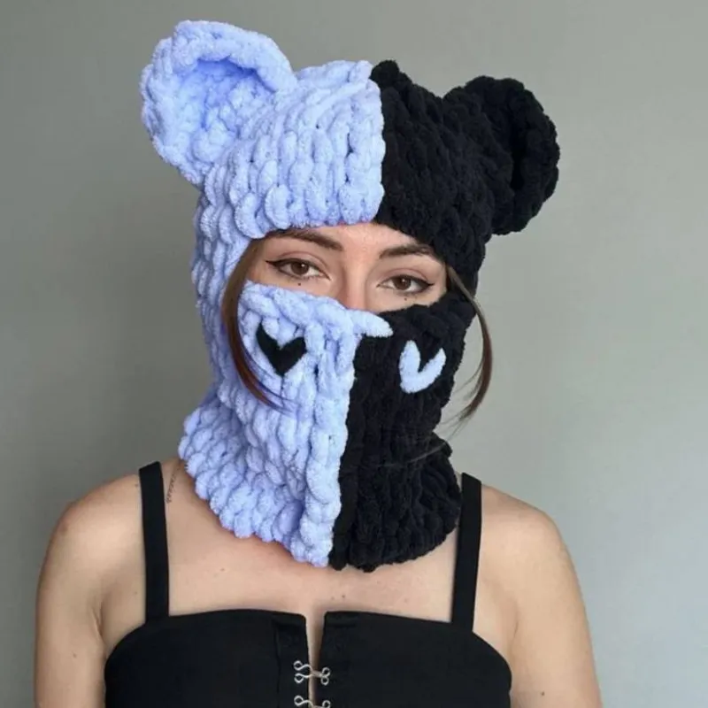 Handmade Knitted Colour Matching Sweet Cool Bear Ear Wool Mask Beanie - Blue Black