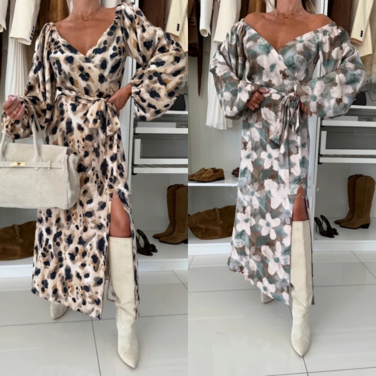 Women's Printed Waist-controlled Hem Slit Long-sleeved Dress - Image 1