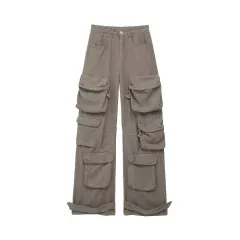 Temperament Leisure Multi-pocket High Waist Work Clothes Jeans - Grey - View 1