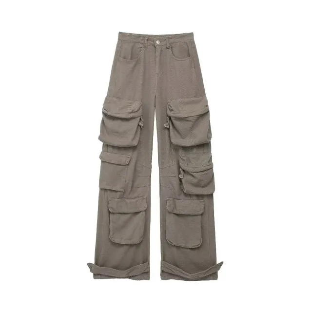 Temperament Leisure Multi pocket High Waist Work Clothes Jeans Gray - Shop at LoveMi