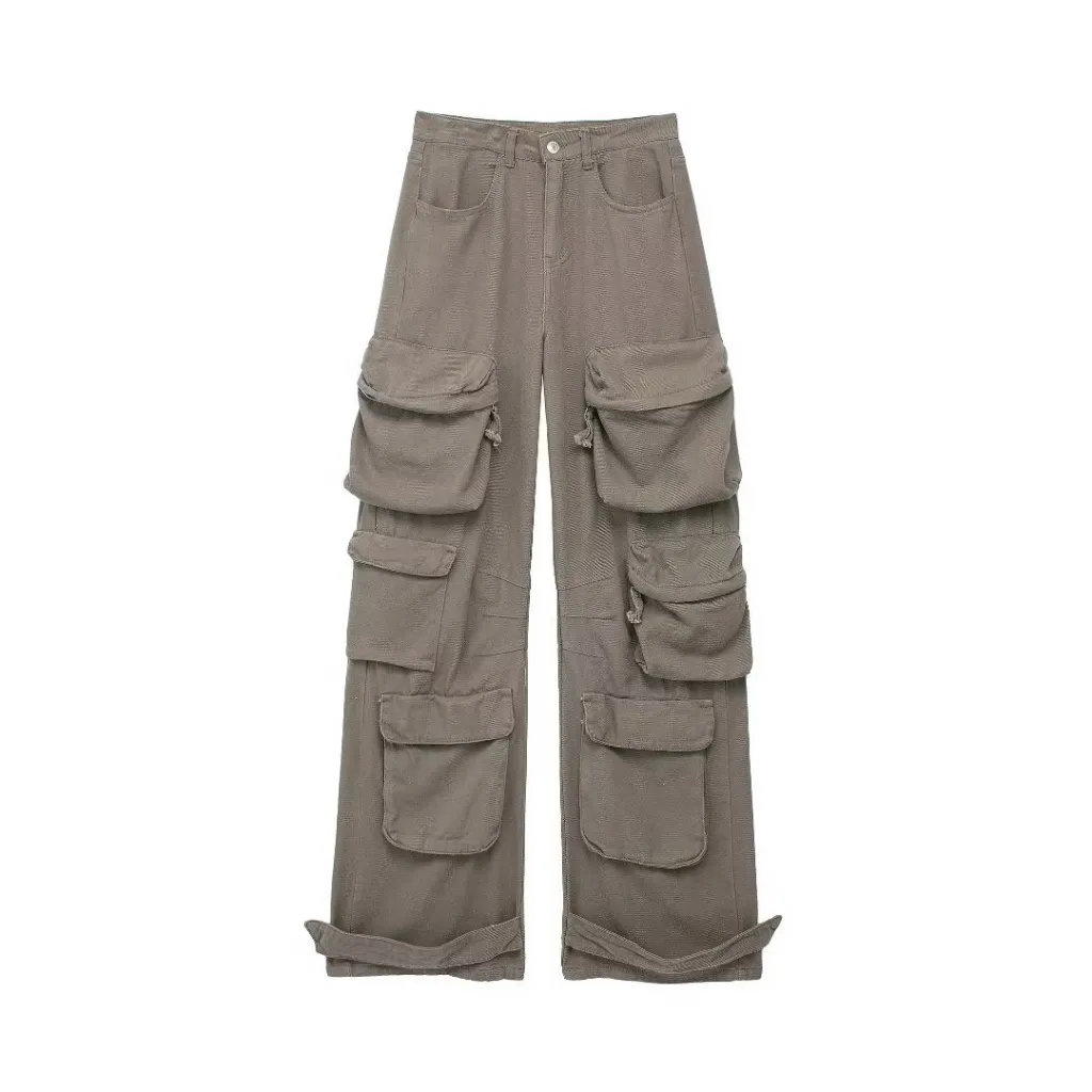 Temperament Leisure Multi-pocket High Waist Work Clothes Jeans - Gray