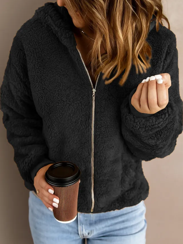 Women's Casual Hooded Long Sleeve Pullover Plush Coat Black - Shop at LoveMi