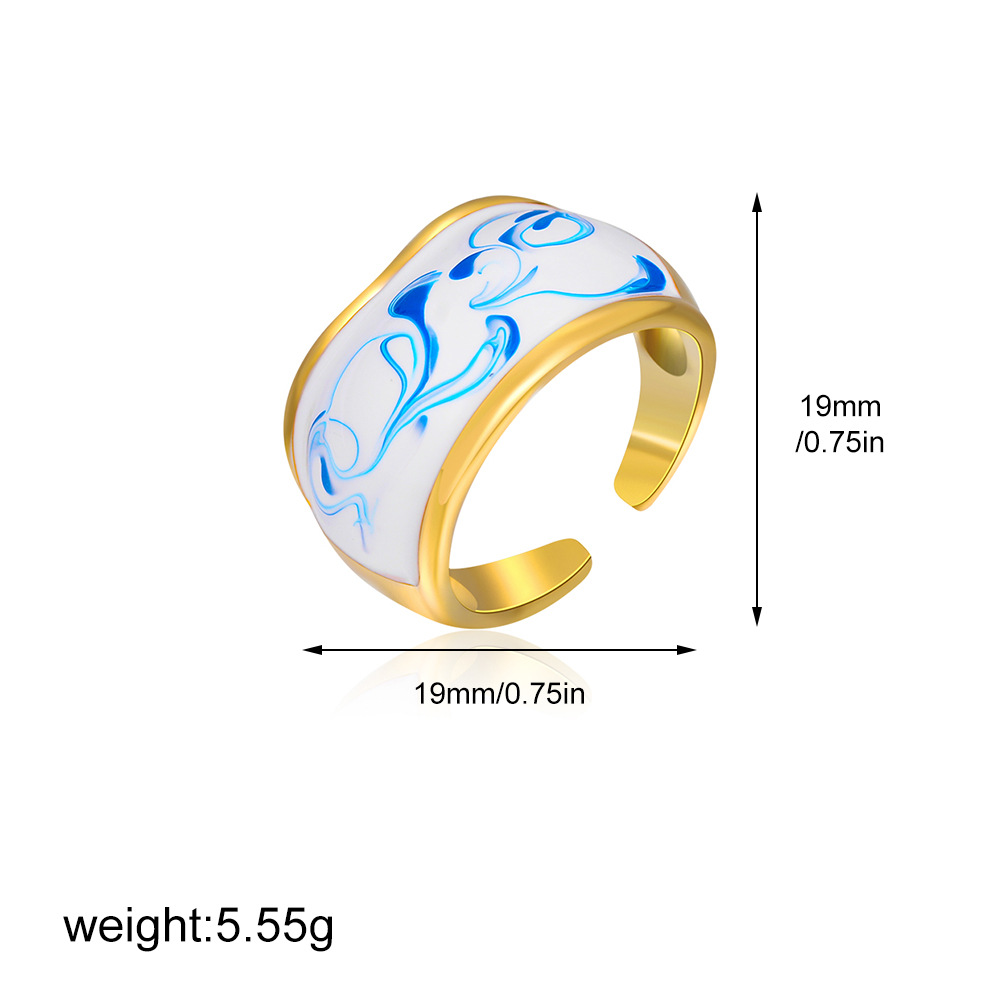 Vintage Enamel Oil-Blue And White Pattern Ring For Women