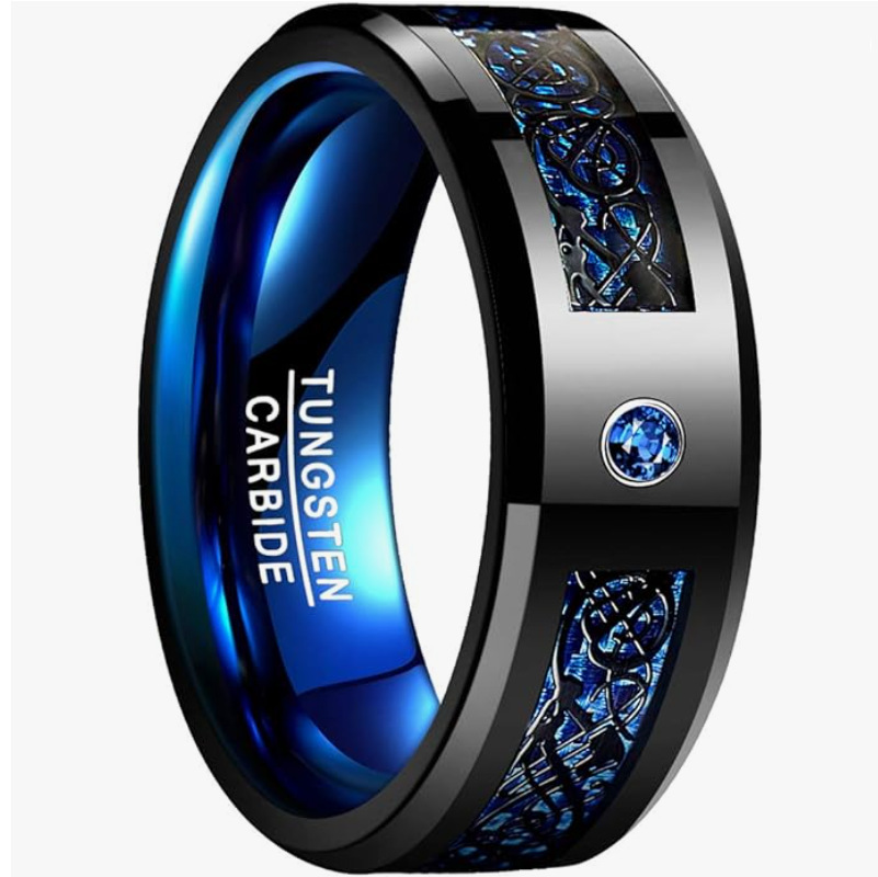 Mens Fashion Epoxy-Inlaid Zircon Tungsten Steel Blue And Black Ring