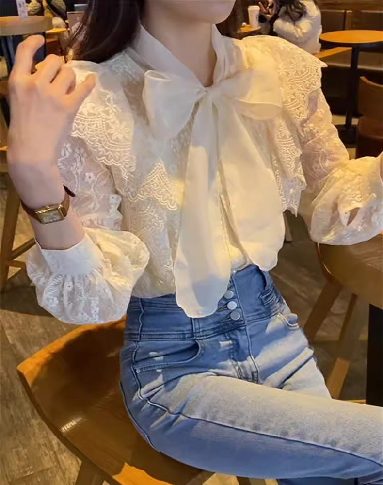 Title 7, Elegant Bow Long Sleeve Lace Shirt