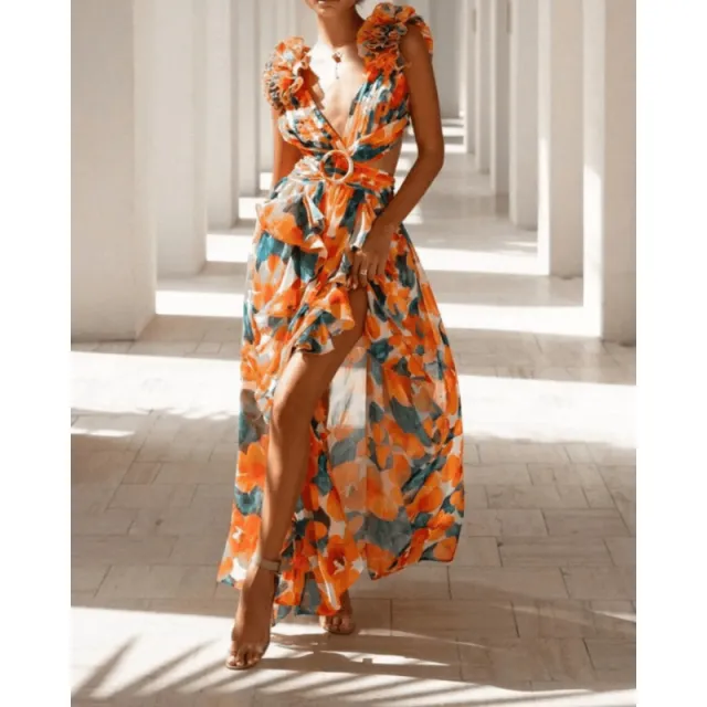 Autumn European And American Fashion Casual Home Floral Backless Dress Women Coral - Shop at LoveMi